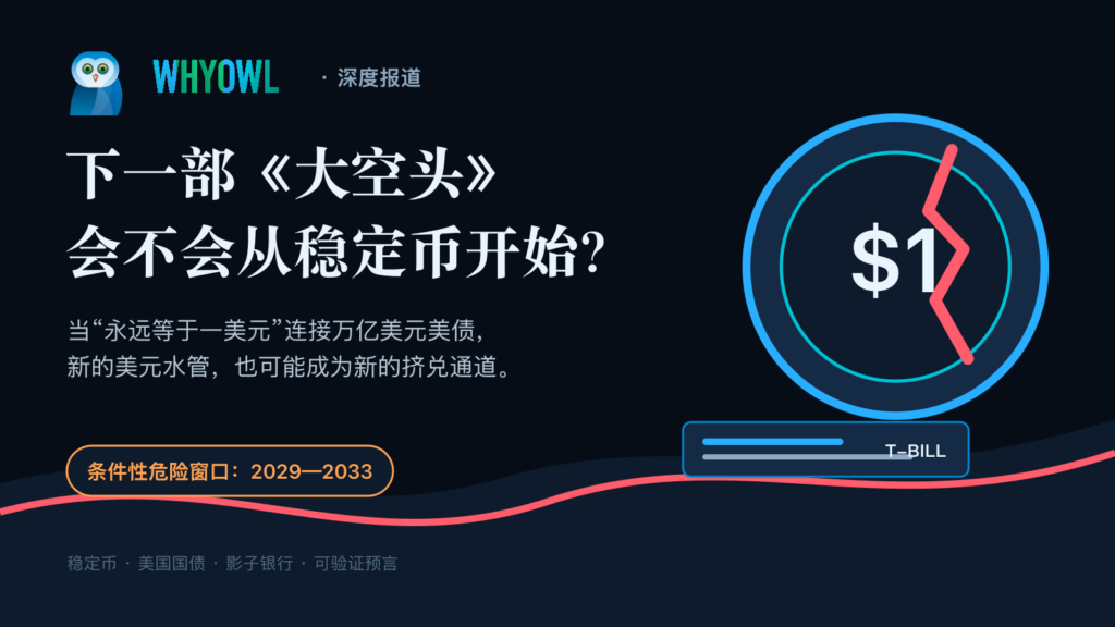 一枚标有一美元的稳定币连接美国短期国债,硬币出现裂纹并标出2029至2033风险窗口,象征稳定币既可能成为美元新水管,也可能孕育下一场挤兑。