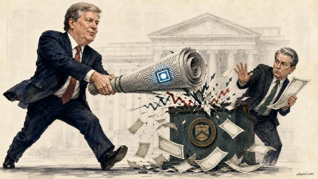 德鲁肯米勒挥动带有AI芯片图案的报纸稿件，贝森特在财政部讲台后被动招架的讽刺水粉插图